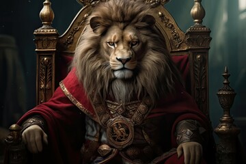 Royal lion wears king costume sitting on a throne closeup. Generative AI - obrazy, fototapety, plakaty
