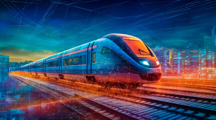 Fototapeta premium The picture of a train on a background of analytics data represents the transportation and logistics industries, highlighting the role of railway transportation in these fields. 
