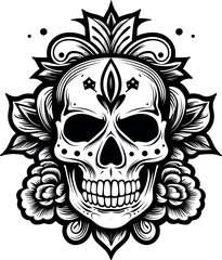 skull and rose icon in black and white