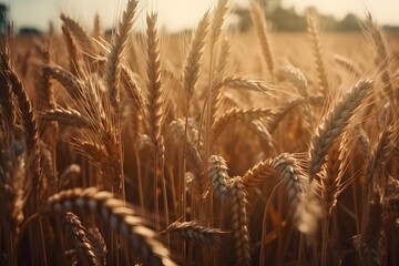 Fototapeta premium Beautiful close up of wheat ears at sunset. Field of wheat agriculture in summer. Generative Ai.