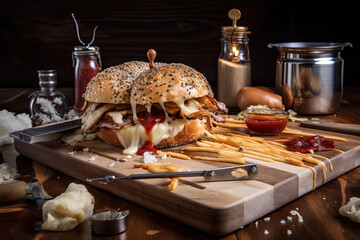 Homemade hamburger with french fries and ketchup on wooden background, Generative AI