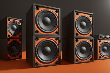 A bunch of music speakers in sound recording studio, professional hi-end loudspeakers, generative ai