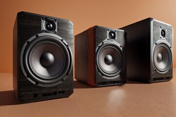 Fototapeta premium A bunch of music speakers in sound recording studio, professional hi-end loudspeakers, generative ai