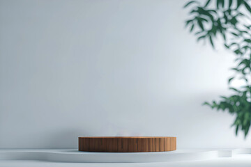 Round wooden podium on blurred leaf white background. Generative AI