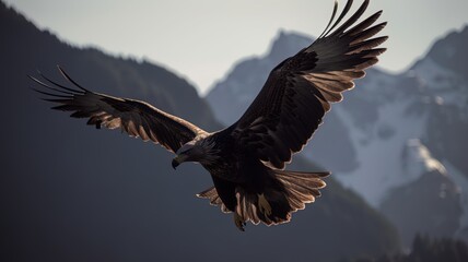 Obraz premium Eagle flying over mountains, huge wingspan. Generative AI