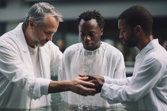 Two pastors baptize a man in the name of Christ. Baptism religion concept. Generative Ai..