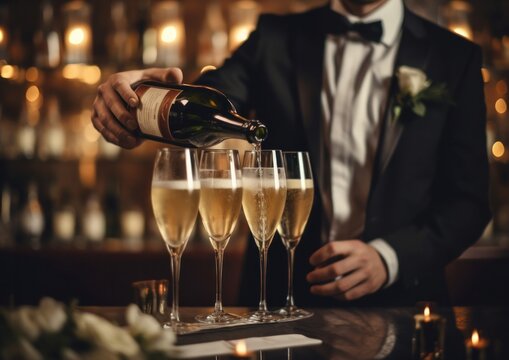 Waiter pouring champagne at glasses at an elegant fine dining restaurant celebration. Generative AI. 