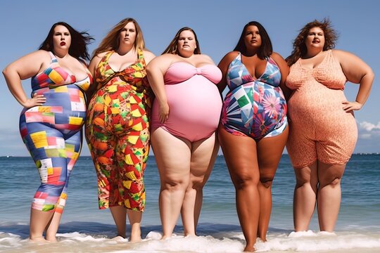 Several fat women of different races in bathing suits on the beach. Generative Artificial Intelligence.