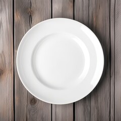 An empty plate on a white wooden table. Top view of white ceramic plate on white wooden. Generative Ai.