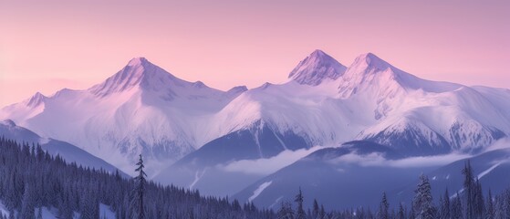 Aerial View from Airplane of Snow Covered Mountain Landscape in Winter. Colorful Pink Sky Art Render. Generative Ai.