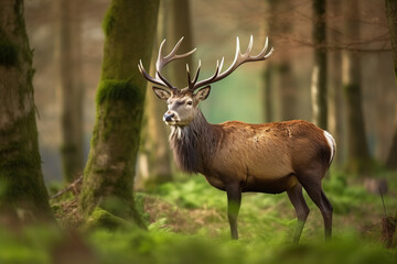 Naklejka na ściany i meble Red Deer Stag in Lush Spring Forest - Generative ai