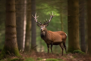 Majestic Red Deer Stag Roaming Among Spring Forest Trees - Generative ai
