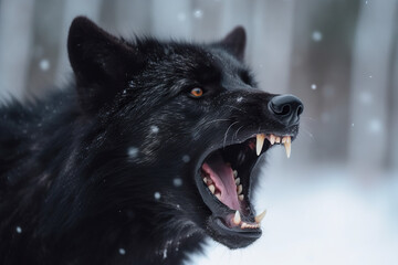 Angry Black Wolf's Piercing Howl in Snowy Wilderness - Generative ai