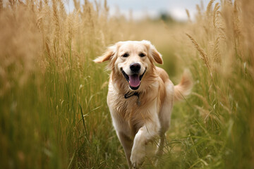 Playful Dog Enjoying a Sunny Stroll in Tall Grass - Generative ai