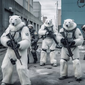 Anthropomorphic polar bears in body armor and down jackets with rifles in their paws. Polar bears are stormtroopers. Military polar bears. Generative AI.