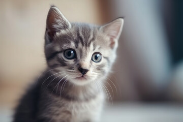 A cute little gray kitten with big eyes and an attentive gaze on a blurry background.  AI generation