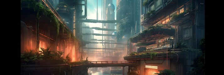 cyberpunk cityscape with futuristic floating gardens, where neon-lit skyscrapers and advanced technology coexist with lush greenery and vibrant plant life. generative ai.