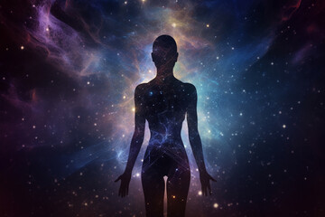 Fototapeta na wymiar State of mind, meditation, esoteric and spiritual life. Woman dark silhouette in space background. Afterlife and connection with other worlds. Generative AI