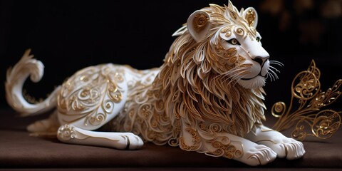 Fototapeta na wymiar Quilling mystical French Lion with white and gold flow. Isolated on a black background. Premium award background.