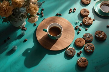 Coffee and chocolate cookies on aqua background. Generative AI