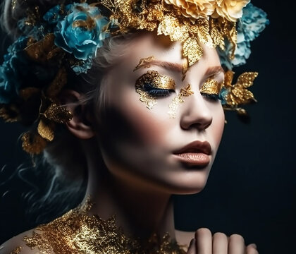 Fantasy portrait of woman, golden skin body, Girl goddess in wreath gold roses dress, glitter art makeup, generative AI tools 

 
