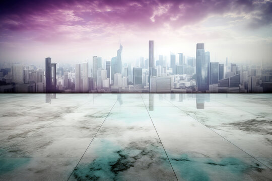 empty marble floor with cityscape and skyline in purple cloud sky, Generative AI