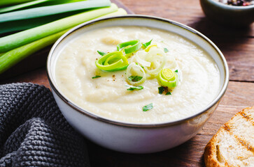 Leek Soup, Comfort Meal, Potato and Leek Creamy Soup, Vegetarian Food on Wooden Background