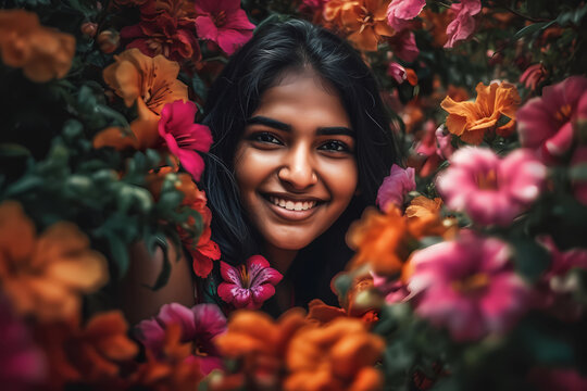 Portrait of an Indian girl hiding in a bunch of flowers, Smiling face, Generative AI
