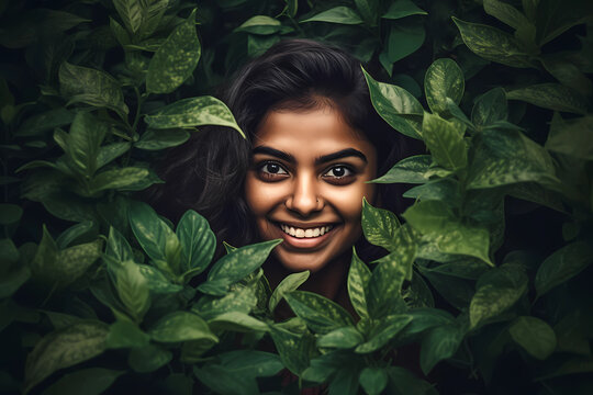 Image of an Indian girl hiding in the tree leaves, nature lover, smiling face, Generative AI