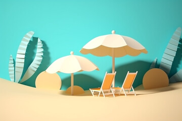 Travel, leisure and vacation concept. Abstract beach sunbeds, sand and parasols in paper art style. Copy space. Generative AI