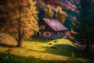 Beautiful alpine hut in summer created with Generative AI