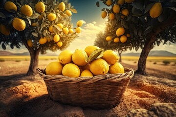 Basket of Fresh Lemons in a Lemon Grove (Generative AI)