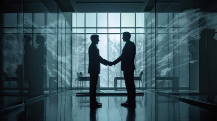 Fototapeta na wymiar silhouettes two businessmen handshake in cooperation agreement concept at the office and successful business partner. businessman shaking hands to seal a deal with his partner. Generative Ai.