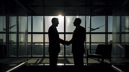 Fototapeta na wymiar silhouettes two businessmen handshake in cooperation agreement concept at the office and successful business partner. businessman shaking hands to seal a deal with his partner. Generative Ai.