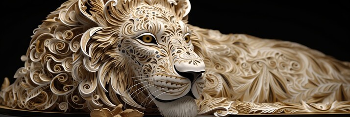 Quilling mystical French Lion with white and gold flow. Isolated on a black background. Premium award background.