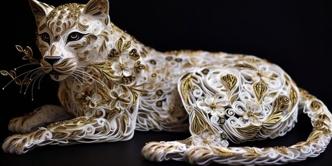 Quilling mystical French Panther with white and gold flow. Isolated on a black background. Premium award background.