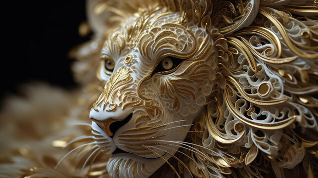 Quilling mystical French Lion with white and gold flow. Isolated on a black background. Premium award background.