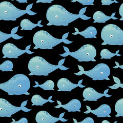 Cartoon whale pattern. Underwater wildlife. Cute whale print. Ocean life, marine animals set. Sea story colorful collection. Blue whale background. Funny ocean animals. Good for textile, fabric, paper