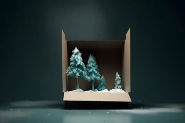 A cardboard box with christmas tree and snow covered. Generative AI.