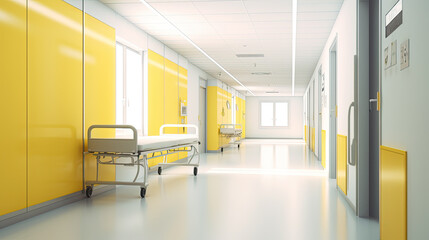 Yellow Long hospital bright corridor with rooms and seats Generative AI
