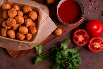 Chicken popcorn, deep fried, nuggets, close-up, rustic, no people,
