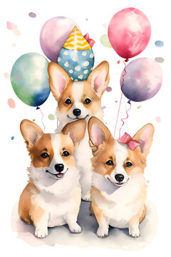 Cute corgi dogs with air colored balloons, watercolor, Generative AI