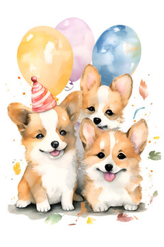 Cute corgi dogs with air colored balloons, watercolor, Generative AI 2
