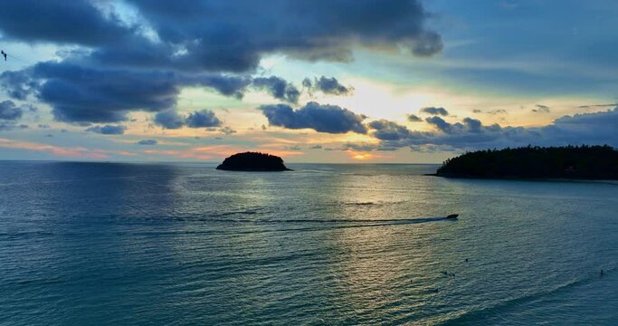 aerial view scenery blue cloud floating above Pu island at Kata beach Phuket..The blue hues of the sky are unusually beautiful in the evening..scenery blue cloud floating Sky texture background.
