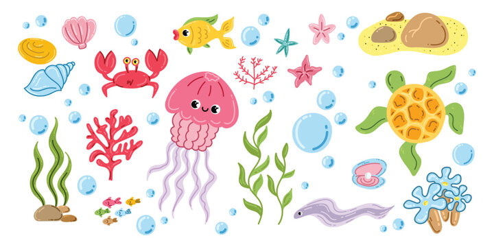Cute sea creatures and plants. flat vector icons
