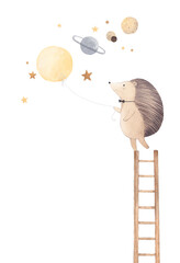 Watercolor illustration. Hedgehog plays with a balloon. Hedgehog sees a fantastic dream about space. Children's poster. Decor for a children's room. - 599959619