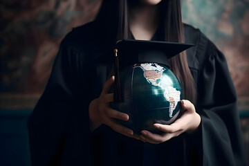 Globe of the Earth in a graduation hat in the hands of a graduate, Generative AI