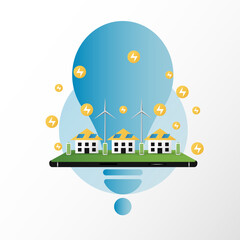 architecture eco sustainable environment concept. building with ecology, sustainability, solar panels, windmill, nature on mobile and green color, vector. architecture for web banner, illustration,