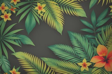 a painting of flowers and leaves on a black background, generative ai