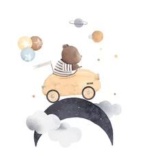 Fotobehang Auto cartoon Teddy bear rides in a orange sports car on the moon. Fantastic dream about space. Watercolor poster. Illustration for kids room.